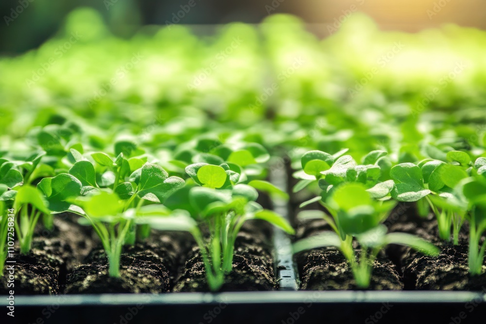 Young green seedlings growing in soil with sunlight in the background Young green seedlings growing in soil with sunlight in the background