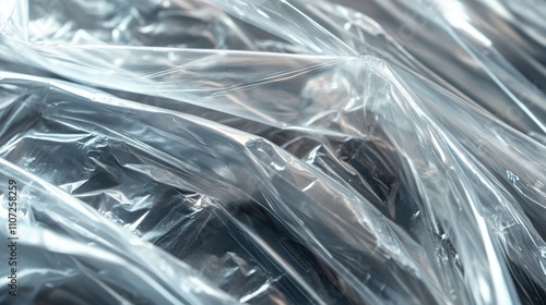 A close-up of crinkled plastic reveals its shiny, transparent texture. The smooth surface reflects light and showcases intricate folds, creating a modern and clean aesthetic.