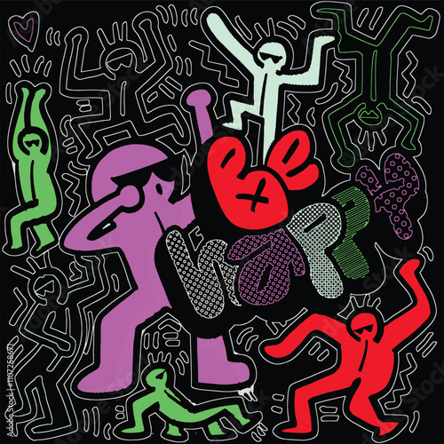 Colorful dancing figures with Be Happy text , Cute hand drawn doodles , Illustration Vector