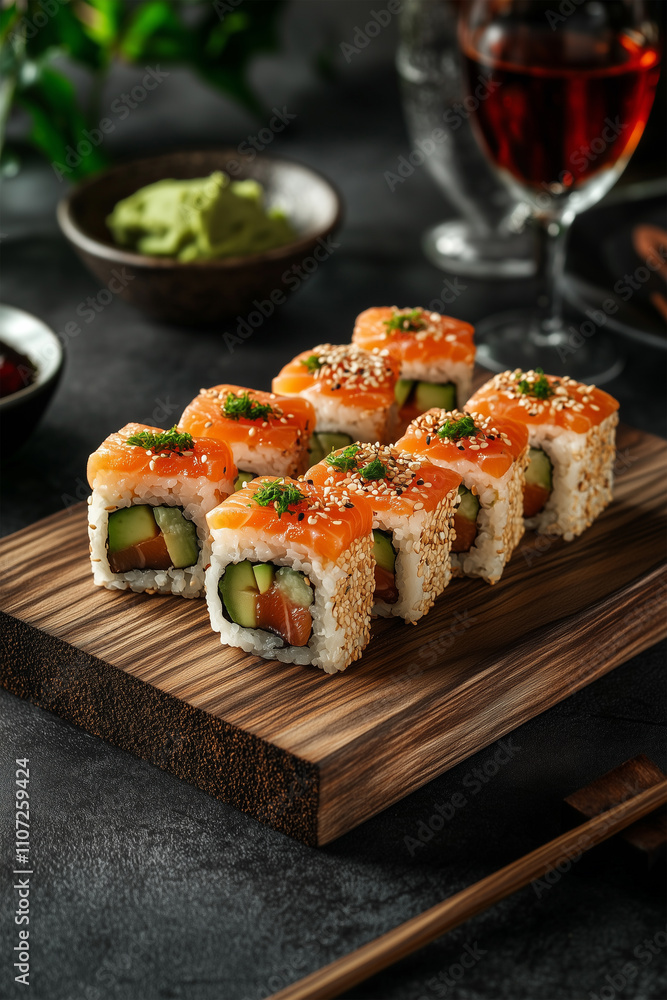 Delicious sushi rolls with salmon, avocado, and tobiko on wooden board. Japanese cuisine Delicious sushi rolls with salmon, avocado, and tobiko on wooden board. Japanese cuisine