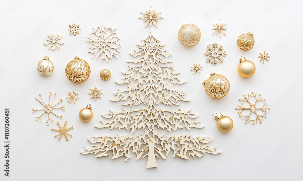 Fototapeta premium Decorative gold-themed Christmas tree arrangement with ornaments and snowflakes for festive display