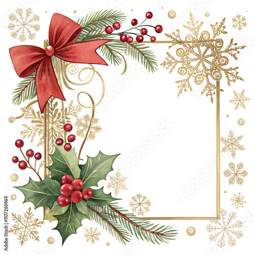 Festive Christmas Card Frame with Holly, Red Bow, and Gold Snowflakes on Transparent PNG Background