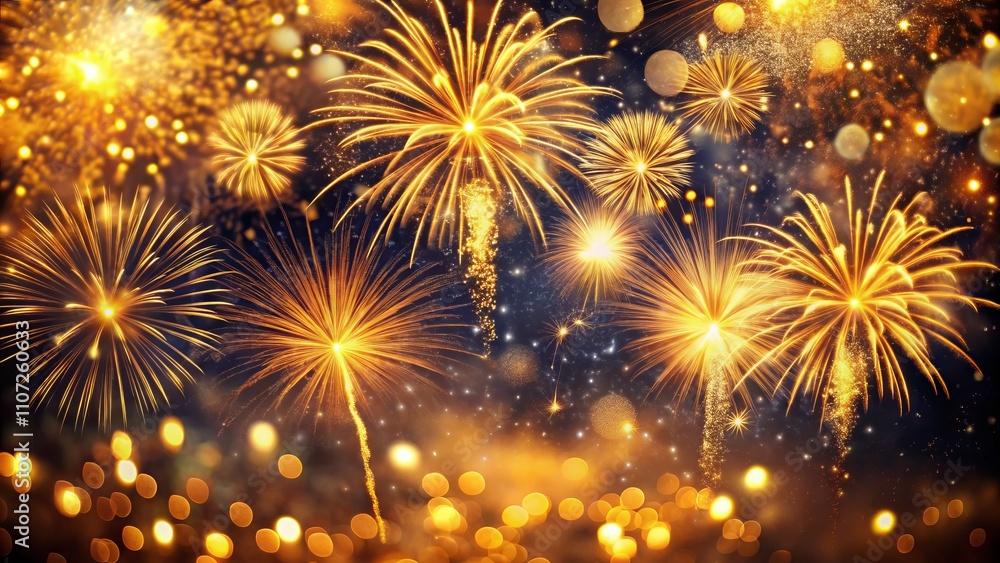 Naklejka premium Stunning Aerial View of Shimmering Golden Fireworks Exploding in the Night Sky with Sparkling Trails and a Dreamy Bokeh Background Creating a Festive Atmosphere
