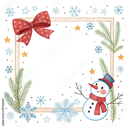 Festive Christmas Card Frame with Holly, Red Bow on Transparent PNG Background