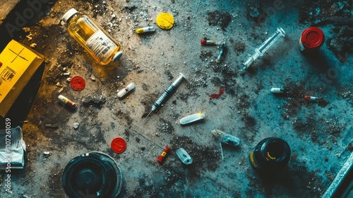 Scattered drug paraphernalia on a dirty floor.