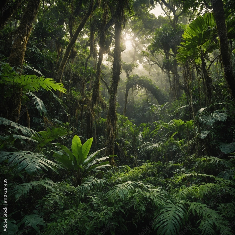 Describe the diverse plant life in a jungle canopy. Describe the diverse plant life in a jungle canopy.
