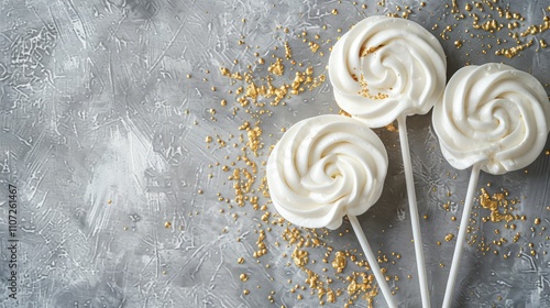 Gold-decorated white meringue lollipops on a grey background, top view with space for text. photo