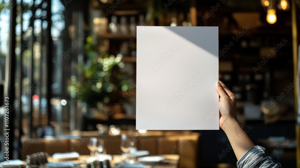 A Hand Holds Blank White Paper In A Cafe Setting