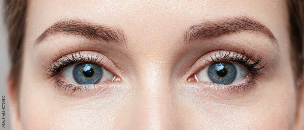 Obraz premium Surgery eyelid rejuvenation concept. Close-up of a woman's eyes, showcasing vibrant blue irises, well-groomed eyebrows, and delicate eyelashes against a neutral background.