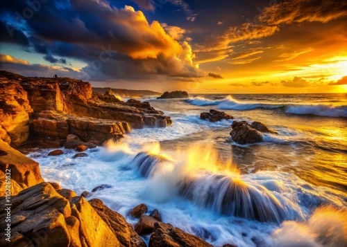 Stunning Rugged Coastline at Sunset: Waves Crash Against Wet Rocks and Sandy Shore with Golden Light, Capturing Nature's Beauty in a Dynamic Landscape of Sunrise Reflections