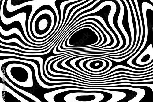 Abstract optical illusion wave. Black and white lines with distortion effect. Vector geometric stripes pattern. Eps 10