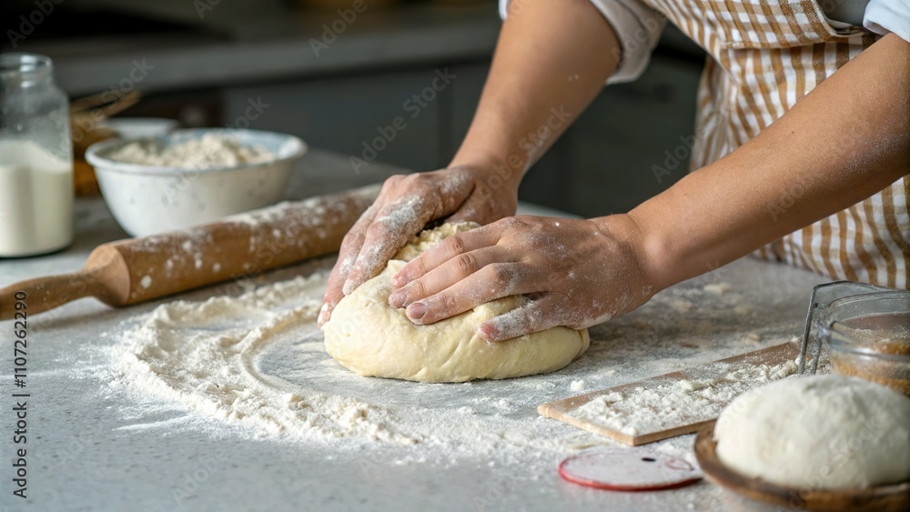 Kneading bread dough by hand on a flour-dusted countertop Kneading bread dough by hand on a flour-dusted countertop
