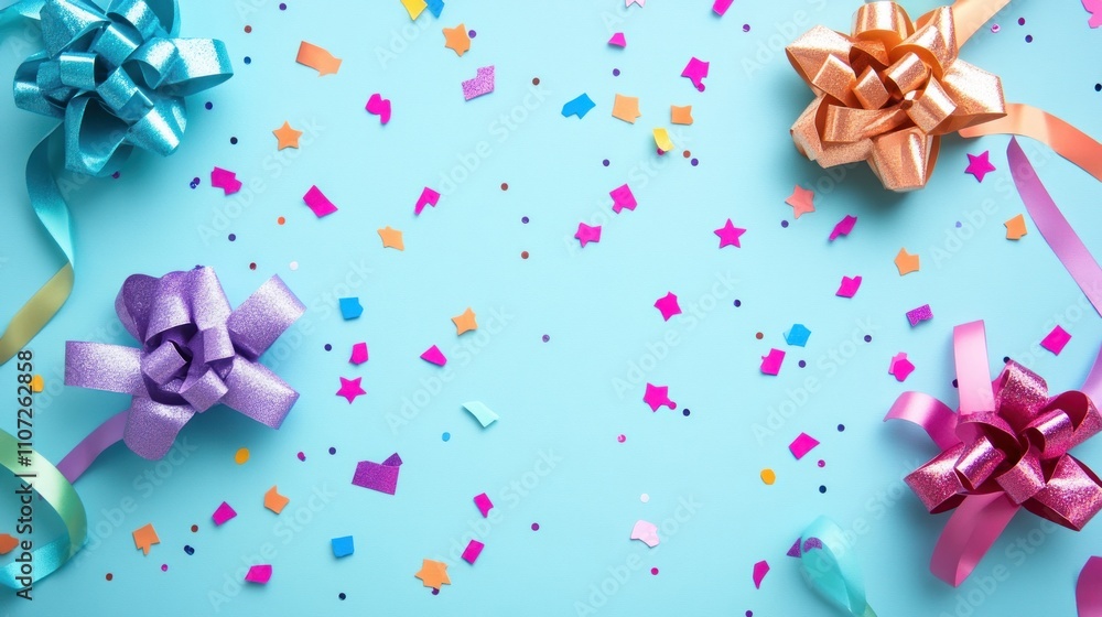 Colorful gift bows and confetti on a blue background, perfect for celebrations and parties. Colorful gift bows and confetti on a blue background, perfect for celebrations and parties.
