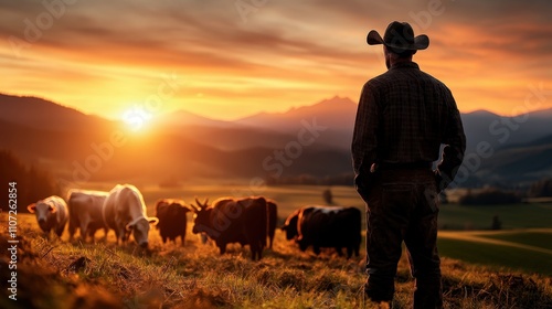 A cowboy stands watching over a herd of cattle as the sun sets, casting beautiful golden light across the tranquil farm landscape in this breathtaking rural scene.