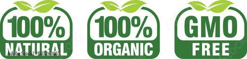 100% natural, 100% organic, GMO free - tag for healthy food, vegetarian nutrition in modern leaf shape - vector sticker set