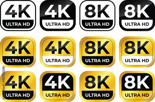 4K 8K Ultra HD video format vector icon set. High resolution web tv screen symbol, vector illustration