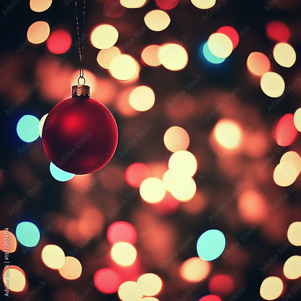 Single red Christmas ornament hanging against a bokeh background of colorful lights. Single red Christmas ornament hanging against a bokeh background of colorful lights.