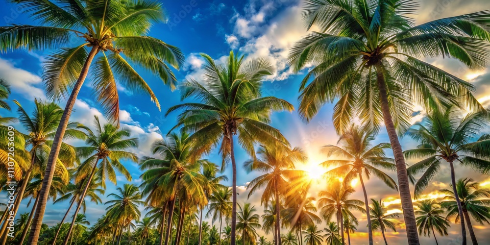 Tropical Bliss - A Stunning Low Light Photography of Palm Trees Swaying in the Breeze Under the Golden Sunlight of a Relaxing Tropical Paradise Tropical Bliss - A Stunning Low Light Photography of Palm Trees Swaying in the Breeze Under the Golden Sunlight of a Relaxing Tropical Paradise