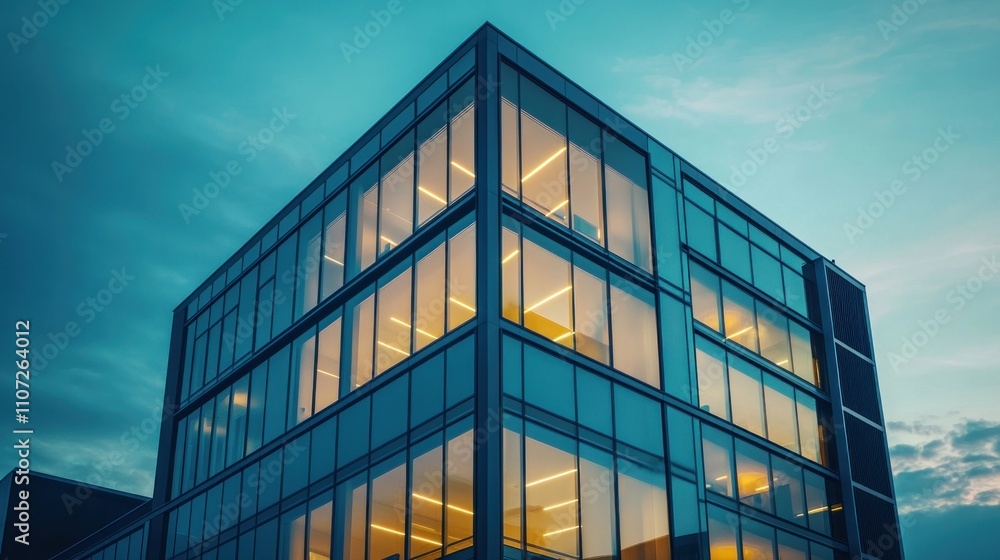 Modern Suburban Office Building Glowing at Twilight with Warm Reflections Modern Suburban Office Building Glowing at Twilight with Warm Reflections
