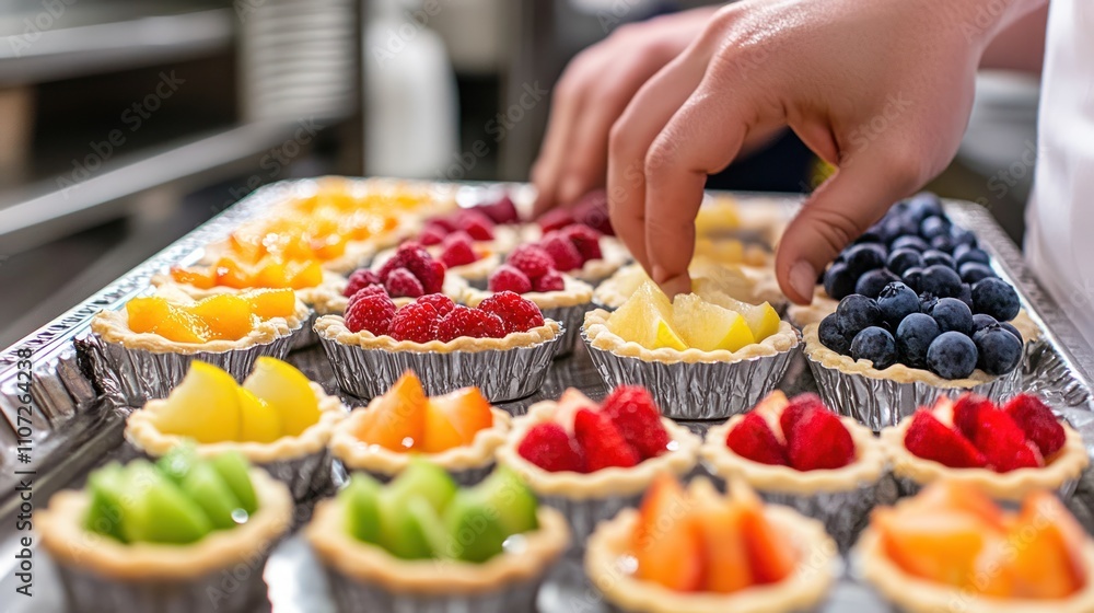A hand placing fruit on mini tarts arranged on a tray in a kitchen setting. A hand placing fruit on mini tarts arranged on a tray in a kitchen setting.