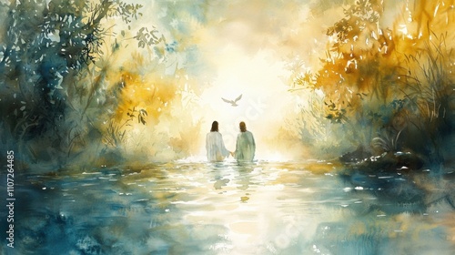Watercolor painting depicting Jesus being baptized by John the Baptist in the Jordan River. A dove descends from the sky and the scene is bathed in soft golden light.