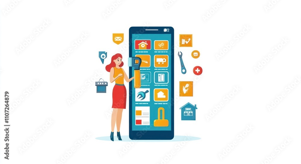 A woman interacting with a smartphone displaying various app icons related to home security. A woman interacting with a smartphone displaying various app icons related to home security.