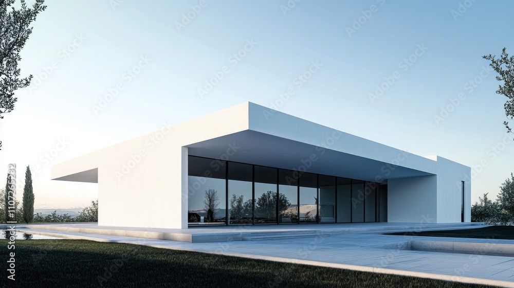 Minimalist Building with Clean Lines and White Concrete Against Clear Blue Sky Minimalist Building with Clean Lines and White Concrete Against Clear Blue Sky