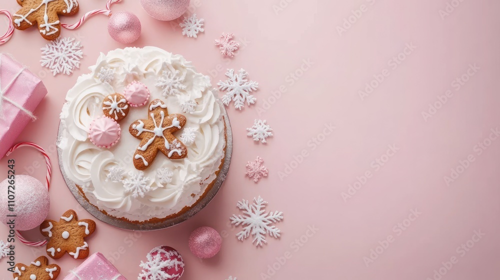 A festive cake adorned with gingerbread, snowflakes, and pink decorations on a pastel background. A festive cake adorned with gingerbread, snowflakes, and pink decorations on a pastel background.