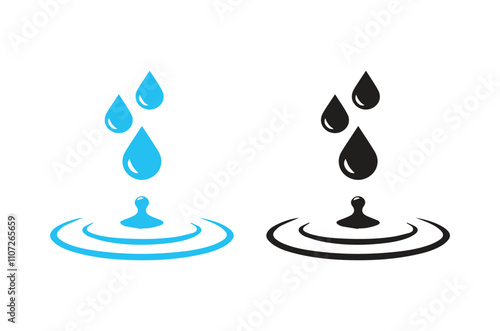 Falling drop on water surface glyph icon vector illustration. Stamp of waterdrop or tear drip flowing on top, clear water droplets fall with a ring of ripples and bubbles, splash and spray motion 