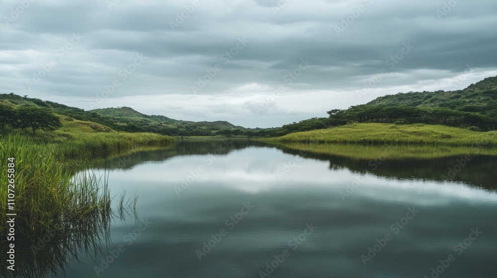 Fototapeta premium Tranquil Lake Reflecting an Overcast Sky with Verdant Hills and Lush Forests on a Cloudy Summer Day