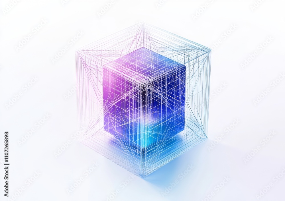 Blue and Purple Gradient Cube with Intricate Metal Wire Mesh, Minimalist 3D Rendering on White Background Blue and Purple Gradient Cube with Intricate Metal Wire Mesh, Minimalist 3D Rendering on White Background