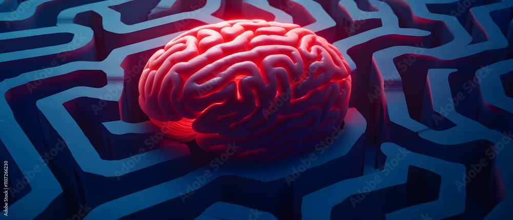 Obraz premium Illuminated Brain Navigating Complex Maze: Problem Solving and Cognitive Function Concept