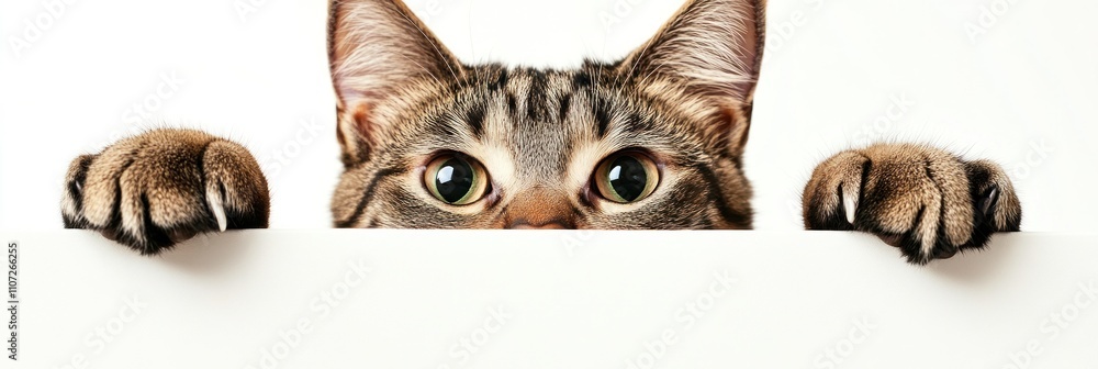 Fototapeta premium A curious cat peeking over a white surface, showcasing its playful nature.