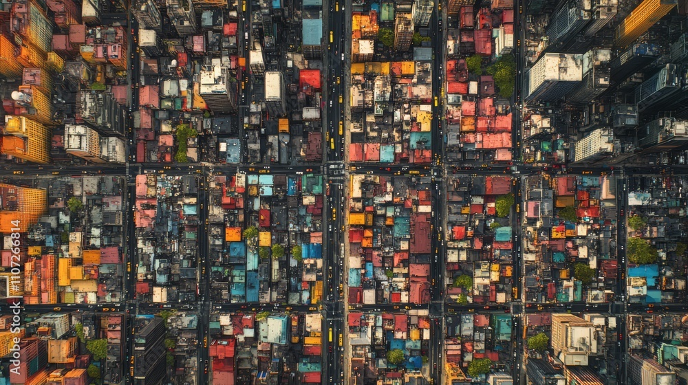 Aerial view of a dense, colorful cityscape. Aerial view of a dense, colorful cityscape.