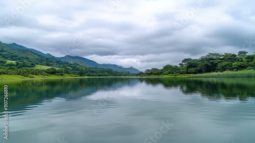 Wallpaper Mural Tranquil Lake Reflecting an Overcast Sky with Verdant Hills and Lush Forests on a Cloudy Summer Day Torontodigital.ca