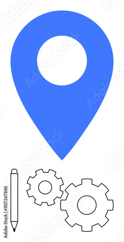 Large blue map pin above pencil and two interlocking gear wheels in black. Ideal for navigation, engineering, creativity, location services, project planning, technical illustration, and system