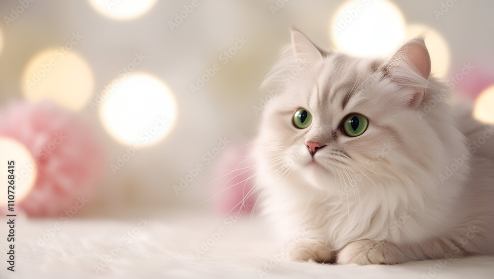 Fototapeta premium Close-up of cute cat gazing at something with beautiful bokeh background ,fluffy white cat sits on a bed with a pink pillow