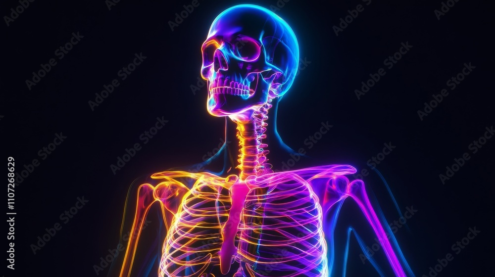 An abstract representation of the human skeletal system with highlighted bones and joints in neon colors against a black background, macro shot, Minimalist style An abstract representation of the human skeletal system with highlighted bones and joints in neon colors against a black background, macro shot, Minimalist style