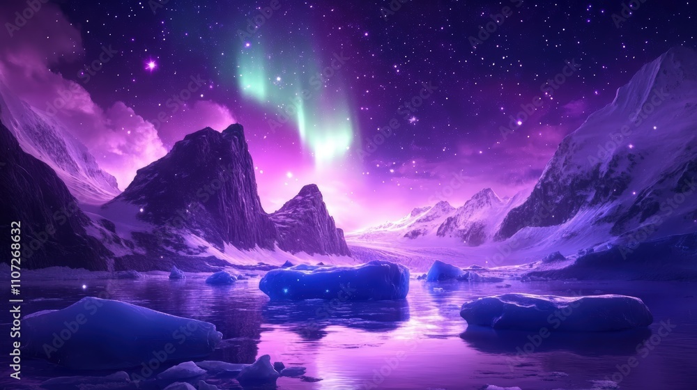 Naklejka premium Enchanting Aurora Over Icy Landscape at Night