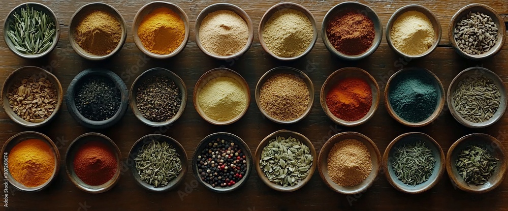 A vibrant display of various spices in small bowls for culinary use.