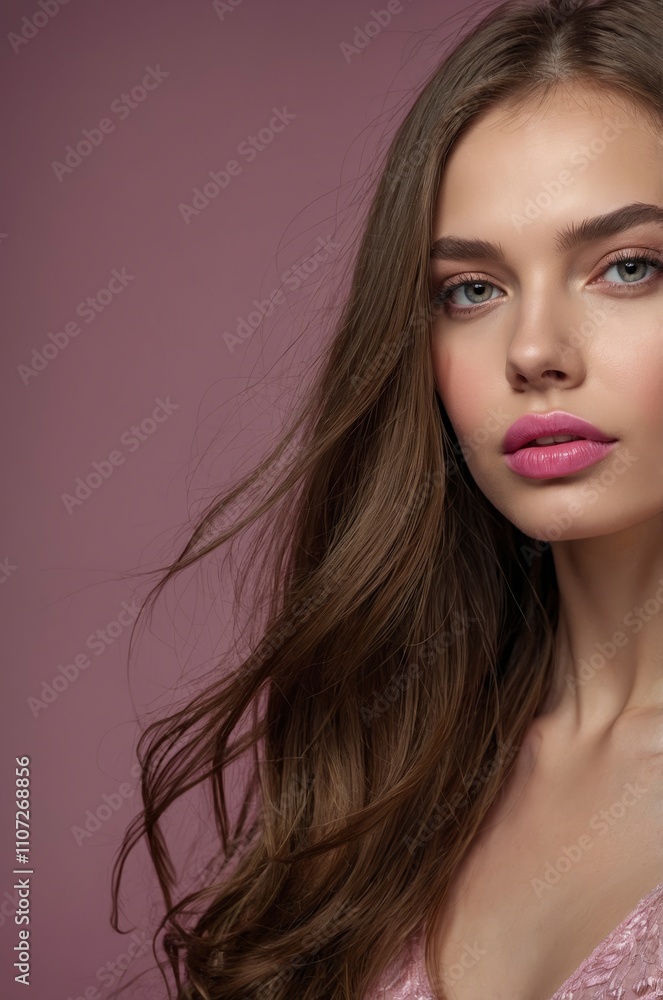 Beautiful young woman with long hair posing on background. Healthy skin and long smooth hair. Pink lips, strands on the face Beautiful young woman with long hair posing on background. Healthy skin and long smooth hair. Pink lips, strands on the face