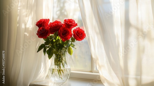 Wallpaper Mural picture of vibrant red roses in a crystal-clear vase, elegantly placed on a windowsill with sunlight streaming through sheer white curtains Torontodigital.ca