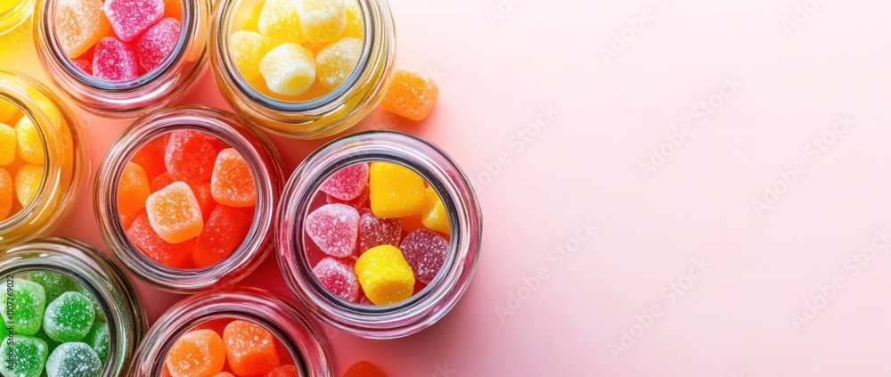 Colorful gummy candies in jars on a pastel background, showcasing a sweet treat display. Colorful gummy candies in jars on a pastel background, showcasing a sweet treat display.
