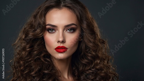 Closeup Face of a beautiful woman with a smoky eye makeup and red lipstick. gorgeous brunette girl with long curly hair. Portrai