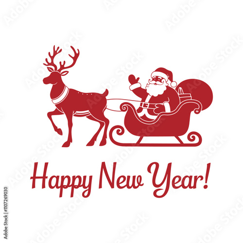 New Year Santa Claus with deer, Happy New Year and Merry Christmas vector illustration,  Santa Claus with bag of gifts rides in sleigh pulled by a deer