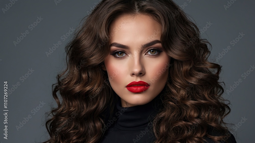Closeup Face of a beautiful woman with a smoky eye makeup and red lipstick. gorgeous brunette girl with long curly hair. Portrai Closeup Face of a beautiful woman with a smoky eye makeup and red lipstick. gorgeous brunette girl with long curly hair. Portrai
