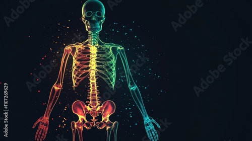 An abstract representation of the human skeletal system with highlighted bones and joints in neon colors against a black background, macro shot, Minimalist style