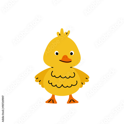 Little yellow duckling. Hand drawn farm animal cartoon design. Adorable baby duck illustration for sticker, clipart, education, Easter.