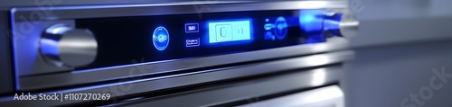 Close-up of a modern kitchen appliance control panel with digital display and buttons.