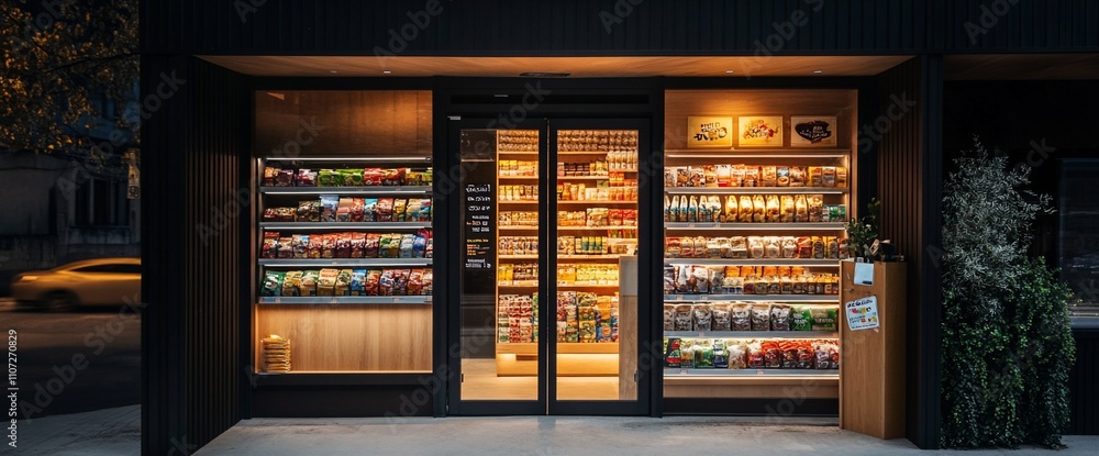 A well-lit convenience store showcasing various snacks and beverages. A well-lit convenience store showcasing various snacks and beverages.